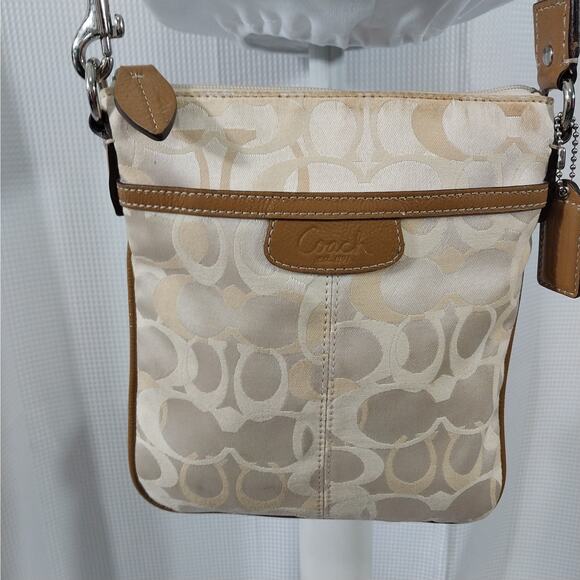 COACH! CREAM & TAUPE BROWN/TAN LOGO FABRIC CROSSBODY, MINI ZIPPER PURSE! - Picture 3 of 13